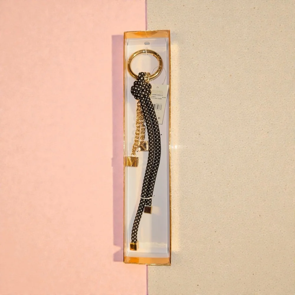 Michael Kors Black Gold Polka Dot Speckled Cord Bag Charm Keychain Accessory MK